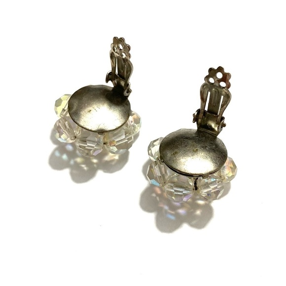 Vintage Aurora Borealis AB Crystal Beaded Cluster Silver Tone Clip On Earrings - Picture 4 of 6